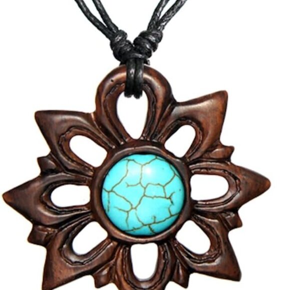 Jewelry - Adjustable Wooden Necklace Organic Turquoise Mandala Flower Women Jewelry